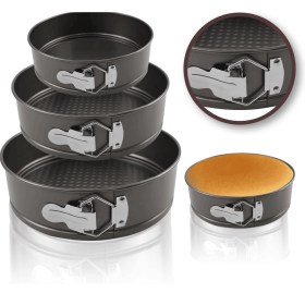 Three-piece multi-size non-stick springform cake pan set - Heavy-duty steel baking supplies, removable bottom, 4-inch/7-inch/9-inch round pans
