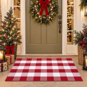 Christmas Red And White Plaid Door Mat, 28 X 43 Inches Cotton Hand-Woven Layered Entry Mat For Front Porch, Entryway, Outdoor Holiday Decor, Wash (Option: Red)