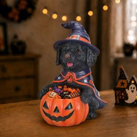 Not For Sale On Wayfair--- Halloween Black Labrador Retriever Witch Puppy Figurine, Cute Dog Holding Pumpkin Candy Bowl Decoration (Option: Orange-Red,Purple+Black)