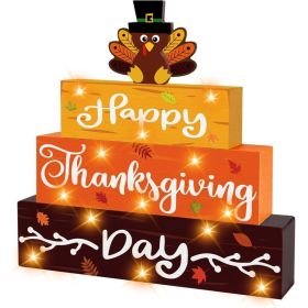 Thanksgiving Wooden Block Sign With LED Lights, Happy Thanksgiving Turkey Tabletop Decor For Mantel, Tiered Tray And Farmhouse Home (Option: MULTI)