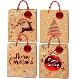 12PCS Christmas Kraft Paper Gift Bags With Handles, Assorted Holiday Gift Wrapping Bags, 4 Patterns (Option: Red)
