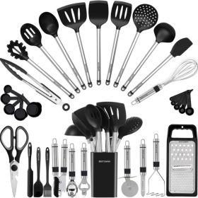 Kitchen Utensil Set Silicone Cooking Utensils 33 Kitchen Gadgets  Spoons For Nonstick Cookware Silicone And Stainless Steel Spatula Set-Best Kitc (Option: Black)