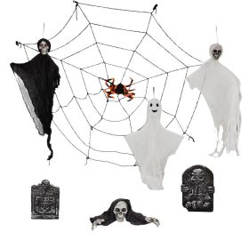 Outdoor Halloween Decorations 8-Piece Set,Hanging Ghosts Decor And Cobweb And Gravestone With Lighted Up Eyes,Scary Swinging Ghost Flying For Yar (Option: Default)